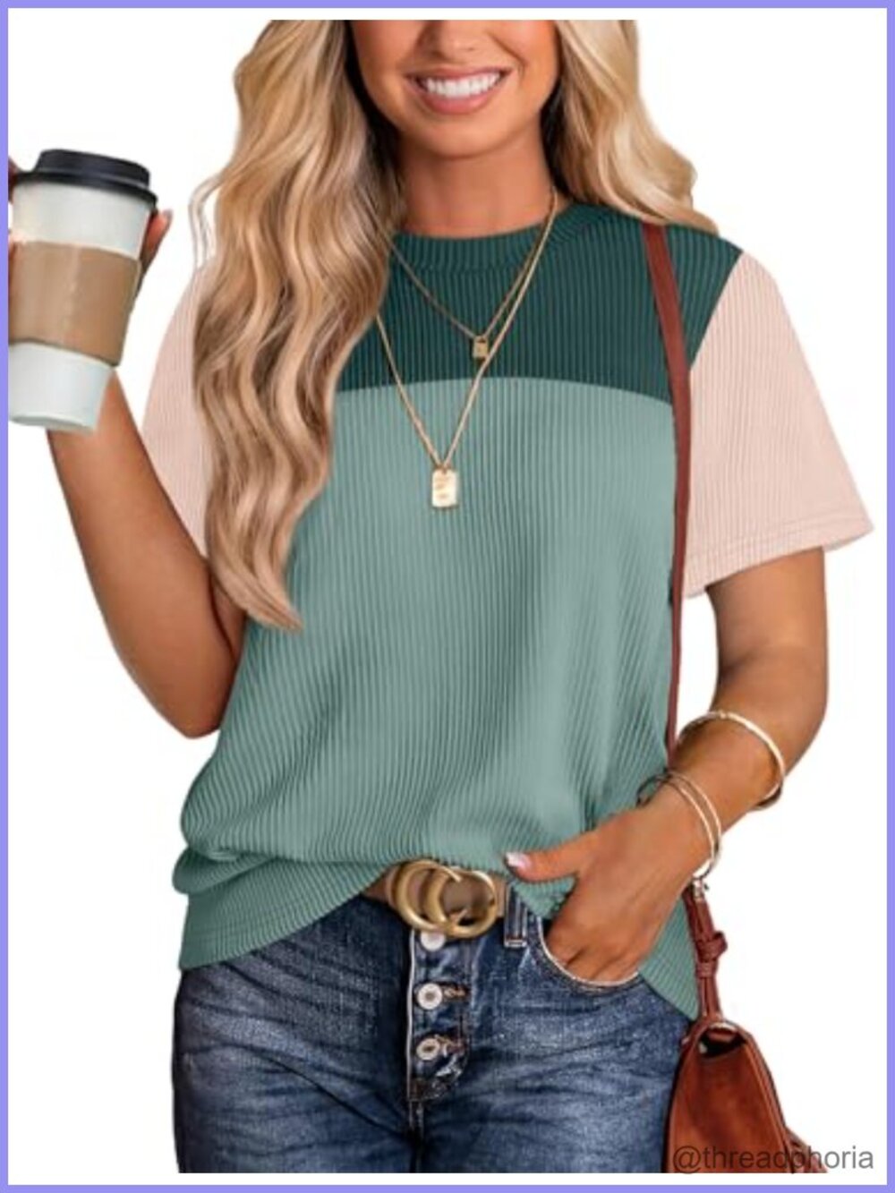 Womens Color Block Knit T-Shirt Short Sleeve Crew Neck Loose Fit Casual Top